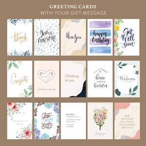 May include: A collection of greeting cards with various designs and messages. The cards feature phrases like "Thank You," "You Are Awesome," "Happy Birthday," and "Get Well Soon." Floral and watercolor elements enhance the designs. The text "GREETING CARDS WITH YOUR GIFT MESSAGE" is at the top.