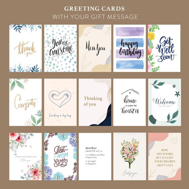 May include: A collection of greeting cards with various designs and messages. The cards feature phrases like "Thank You," "You Are Awesome," "Happy Birthday," and "Get Well Soon." Floral and watercolor elements enhance the designs. The text "GREETING CARDS WITH YOUR GIFT MESSAGE" is at the top.
