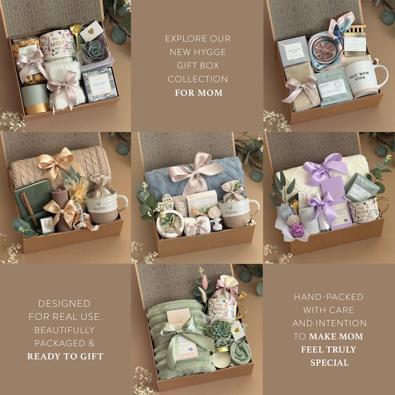 May include: Gift boxes with various items, including mugs, candles, and blankets, are arranged inside. Each box is tied with a ribbon. The text "EXPLORE OUR NEW HYGGE GIFT BOX COLLECTION FOR MOM" is visible.