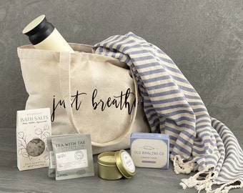 Just Breathe Wellness Gift Basket for Women in a Personalized Tote Bag, Spa Gift Box, Pampering Spa Gifts for Her, Healing Self Care Package