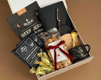 Premium Gift Basket for Men with Coffee and Snacks, Thank You Gift Box for Him, Unique Valentines Gift Basket for Boyfriend, Husband, Dad