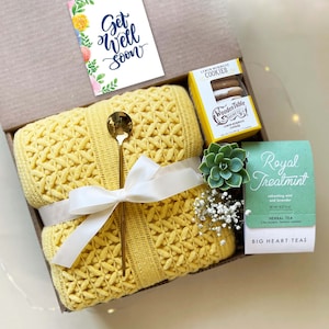 Sending Sunshine Encouragement Care Package for Women | Hygge Gift Box with Blanket, Tea, Succulent | Pamper Get Well Gifts for Her Comfort