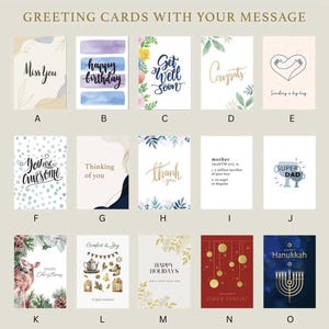 May include: A collection of greeting cards with various designs and messages. The cards feature watercolor, floral, and geometric patterns. Some of the messages include "Miss You", "Happy Birthday", "Get Well Soon", "Congrats", "Sending a Big Hug", "You Are Awesome", "Thinking of You", "Thank You", "Mother", "Super Dad", "Merry Christmas", "Comfort & Joy", "Happy Holidays", "Season's Greetings", and "Happy Hanukkah".