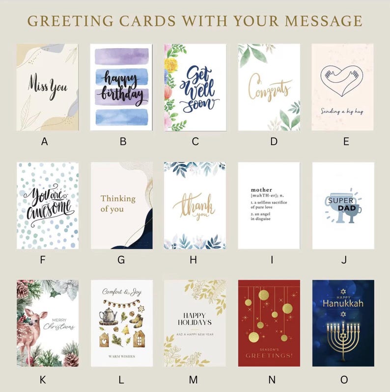 May include: A collection of greeting cards with various designs and messages. The cards feature watercolor, floral, and geometric patterns. Some of the messages include "Miss You", "Happy Birthday", "Get Well Soon", "Congrats", "Sending a Big Hug", "You Are Awesome", "Thinking of You", "Thank You", "Mother", "Super Dad", "Merry Christmas", "Comfort & Joy", "Happy Holidays", "Season's Greetings", and "Happy Hanukkah".
