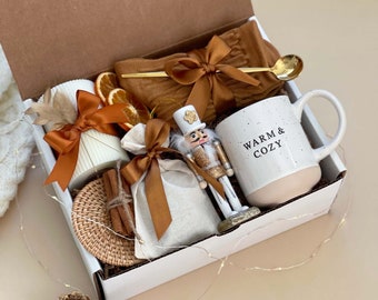 Happy Hygge Gifts Handmade Birthday Gift Basket for Women with Ceramic Speckled Mug, Premium Fuzzy Socks, Wooden Beads, Cup of Love Tea, Crochet