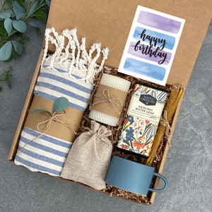 Birthday Gift Box for Women with Turkish Bath Towel, Mug, Chocolate, Candle, Tea, Honey | Happy Birthday Gift Basket for Her