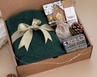 Rustic Christmas Hygge Gift Box for Men & Women | Gift Basket with Blanket and Socks | Holiday Gifts for Him and Her, Coffee Gift Set