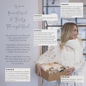May include: A woman holding a gift box filled with cozy, unique gifts. The box contains various items, including a mug, shoes, and other wrapped presents. Text on the box reads "Warm, Beautiful & Truly Thoughtful."