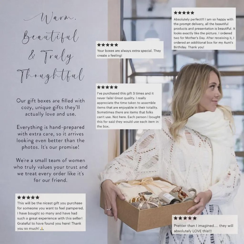 May include: A woman holding a gift box filled with cozy, unique gifts. The box contains various items, including a mug, shoes, and other wrapped presents. Text on the box reads "Warm, Beautiful & Truly Thoughtful."
