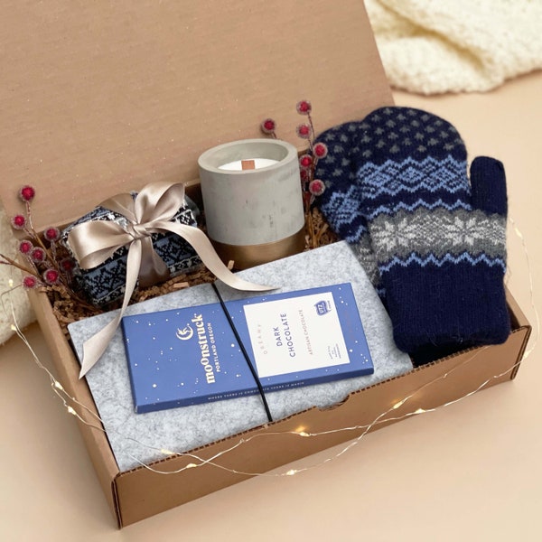 Gift Box for Him | Mens Gift with Journal, Socks, Mittens, Chocolate, Candle | Holiday Gift Basket for Men and Women, Coworker, Friend, Dad