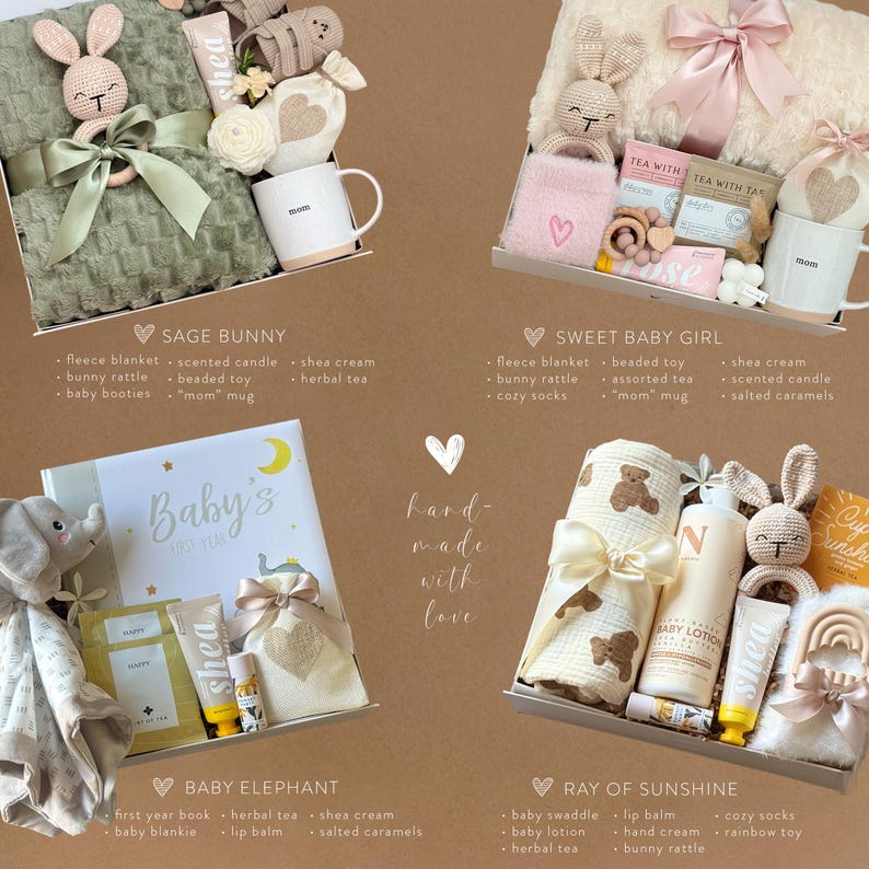 May include: Four gift boxes with baby-themed items. The boxes include blankets, toys, mugs, and skincare products. The text on the boxes reads "Sage Bunny", "Sweet Baby Girl", "Baby Elephant", and "Ray of Sunshine". The image also includes the text "hand made with love".