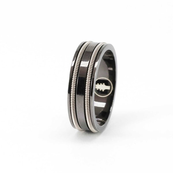 Black Guitar String Ring - two electric guitar strings, silver