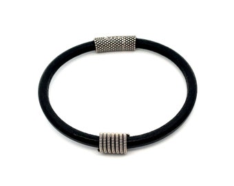 Bass Guitar String Coil Bracelet - black leather