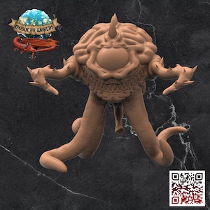 May include: A tan-coloured, 3D-printed monster figurine with a large central eye, sharp teeth, and multiple tentacles. The creature has spiky protrusions on its arms and a horn-like structure on its head. The logo "MODULAR WORLDS" is in the upper left corner.