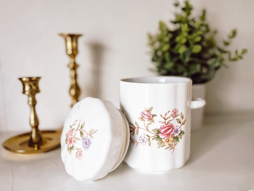 Vintage Ceramic Sugar Jar With Lid Floral White & Pink Canister Dainty