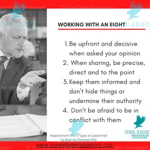 Puede incluir: Imagen en blanco y negro de un hombre con traje gesticulando con las manos. El texto sobre un fondo blanco dice "WORKING WITH AN EIGHTE-EIGHTY" y proporciona cuatro consejos. La imagen incluye el logotipo "ONE-EIGHTY ENNEAGRAM COACHING".