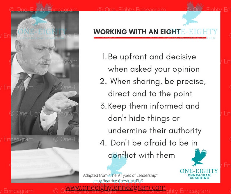 Puede incluir: Imagen en blanco y negro de un hombre con traje gesticulando con las manos. El texto sobre un fondo blanco dice "WORKING WITH AN EIGHTE-EIGHTY" y proporciona cuatro consejos. La imagen incluye el logotipo "ONE-EIGHTY ENNEAGRAM COACHING".