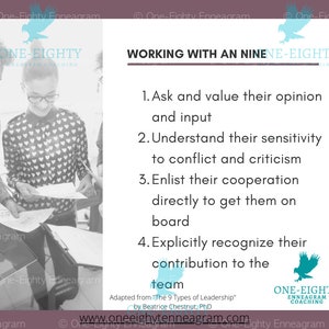 Puede incluir: Imagen con texto: "WORKING WITH AN NINE-EIGHTY" y puntos numerados sobre liderazgo. La imagen incluye un grupo de personas mirando papeles. El logotipo de One-Eighty Enneagram Coaching est&aacute; en la esquina inferior derecha.