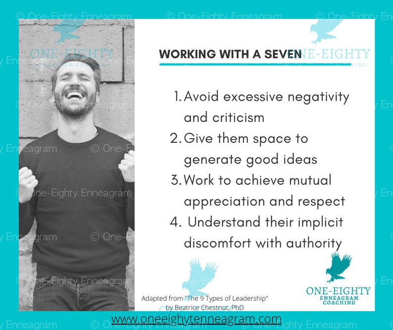 Puede incluir: Imagen en blanco y negro de un hombre sonriendo con los pu&ntilde;os apretados. El texto a la derecha ofrece consejos para trabajar con un "SEVEN-EIGHTY", incluyendo evitar la negatividad y fomentar el respeto mutuo. El sitio web es oneeightyenneagram.com.