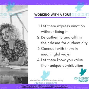 Puede incluir: Imagen en blanco y negro de una persona sonriente con cabello rizado, escribiendo. El texto a la derecha dice "WORKING WITH A FOURNE-EIGHTY" y enumera cuatro puntos sobre comunicaci&oacute;n y liderazgo. La imagen incluye el logotipo "ONE-EIGHTY ENNEAGRAM COACHING".
