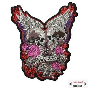 Skull Angle Wing Roses Large Giant back Patch XL