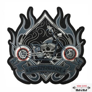 May include: Black and silver embroidered patch featuring a motorcycle with flames and the word "Independent" on a banner. The patch measures 22.5 inches by 21.5 inches.