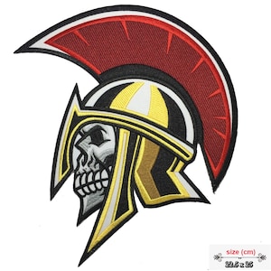 May include: Embroidered iron-on patch featuring a skull wearing a gold and black Roman helmet with a red plume. The patch measures 22.5 inches by 25 inches.