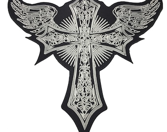 May include: A large, black embroidered patch with a silver cross and wings. The cross is ornate and detailed, with a sunburst design behind it. The wings are spread out on either side of the cross. The patch measures 32.5 inches by 32.5 inches.