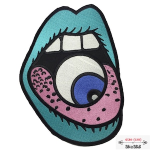 May include: A turquoise blue mouth with a pink tongue and a large white eye with a blue iris. The mouth is open and the eye is looking out. The patch is 20 x 26.5 cm.