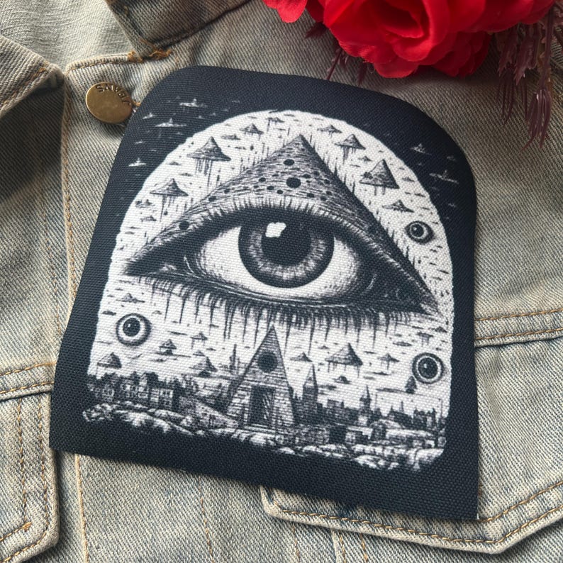 May include: Black and white embroidered patch with a large eye inside a triangle, surrounded by smaller triangles and circles. The eye is looking directly at the viewer.