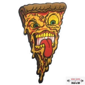 May include: A large embroidered patch of a pizza slice with a scary face. The pizza is dripping with cheese and has a red tongue sticking out. The patch is 16.5 inches by 25 inches.