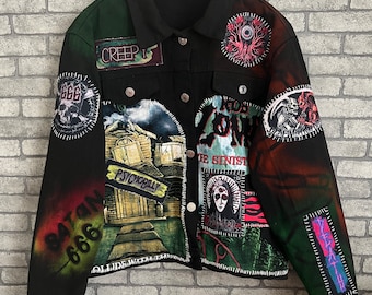 Handmade Unique Rock Horror Psychobilly Grunge DIY Black Denim Jeans Jacket