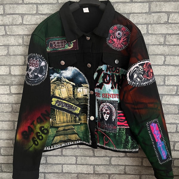 Handgemachte einzigartige Rock Horror Psychobilly Grunge DIY Schwarz Denim Jeans Jacke