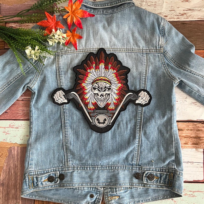 Native Indian Skull Rider Chopper Motorcycle Biker Large Back Patch XL ...