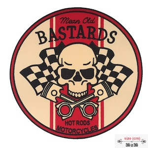 May include: A round, cream-coloured patch with a red stripe down the centre. The patch features a black and white chequered flag, a skull, and two crossed pistons. The text "Mean Old Bastards" is written in a black, cursive font above the skull. The text "Hot Rods Motorcycles" is written in black below the skull. The patch is 28 cm in diameter.