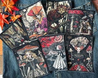 Alice in Wonderland Quirky Dark Art Fantasy crust punk Grunge Style Iron on DIY Printed Canvas Patch