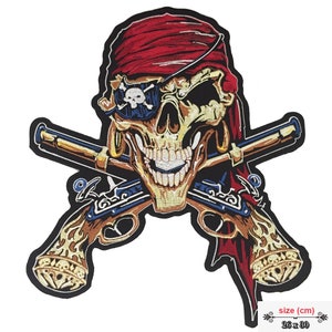 May include: A red, white, and blue embroidered patch featuring a skull with an eyepatch, a red bandana, and two crossed pistols. The patch is 26 inches by 30 inches.