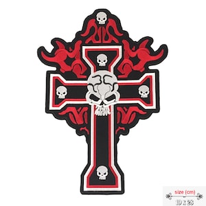May include: A black and red embroidered patch featuring a skull and crossbones with a red flame design. The patch is 19 inches by 23 inches.