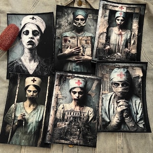 May include: A collection of six rectangular patches featuring eerie illustrations of nurses. Each patch depicts a nurse in a vintage medical setting, with a red cross on their headwear. The artwork has a dark, gothic aesthetic.