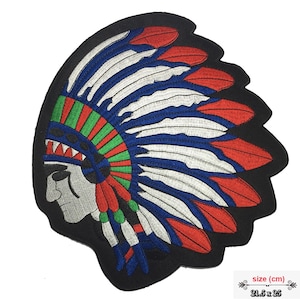 May include: Embroidered iron-on patch of a Native American chief wearing a headdress with red, white, blue, and green feathers. The patch is 21.5 inches by 25 inches.