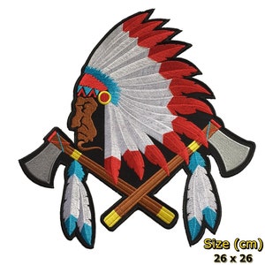 May include: Embroidered patch featuring a Native American chief wearing a red and white headdress with two crossed axes. The patch is 26 inches by 26 inches.
