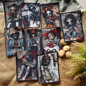May include: A collection of nine rectangular stickers featuring dark, gothic-style illustrations of skeletal figures and children in various outfits, including dresses and hats, with red splatters and intricate patterns on each individual design.