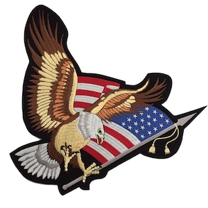May include: Embroidered patch featuring a soaring bald eagle with outstretched wings, clutching a spear, set against a backdrop of the American flag. The eagle has brown, tan, and white feathers, with a green eye. The flag displays red and white stripes and white stars on a blue field.