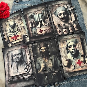 May include: A collection of six dark, gothic-themed art prints. Each print features a vintage aesthetic with images of medical themes, including nurses, medical tools, and the word "Asylum". The prints have a distressed, aged appearance.