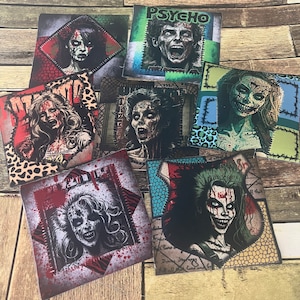 May include: Set of nine square fabric patches featuring horror movie themed illustrations. Each patch has a different design with a zombie or monster character. The patches are made of a textured fabric with a distressed look. The patches are in various colors, including black, white, red, green, blue, and yellow.