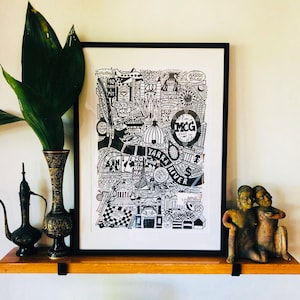 Arte de Melbourne, dibujado a mano, recuerdo de Melbourne, monumentos de Melbourne. Impreso en póster A3. Envío gratuito en Australia.