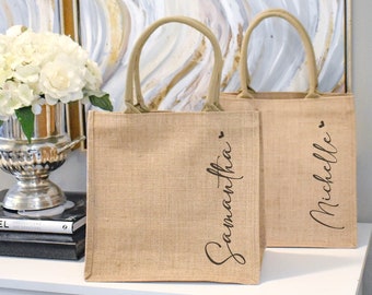 Personalized Burlap Tote Bags Custom Name Jute Bag Bridesmaid Gift Bag Bachelorette Party Monogram Beach Bag Wedding Favors Gift for Her