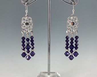 Purple Crystal Earrings on Sterling Silver Ear Wires, 1 3/4" Inches, Multi Strand, Dangle, Long