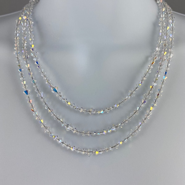 Crystal 3 Strand Necklace and Earrings Set, Sterling Silver, Adjustable, 18" Inch, Multi Strand, Bridal, Wedding, Bling Sparkle,  Elegant