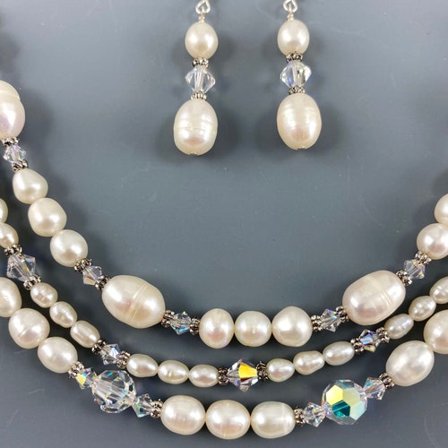 Freshwater Pearl & Swarovski Crystal Necklace and Earrings Set, Sterling Silver, Adjustable, shops Wedding, Bridal, Special Occasion Multi Strand